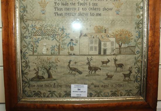 A Regency needlework sampler, overall 19.5 x 15.5in.